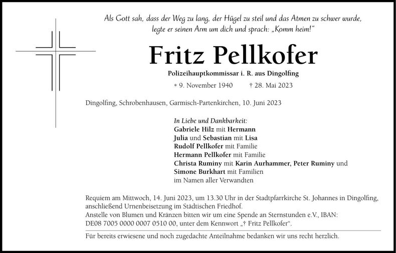 Traueranzeige Fritz Pellkofer