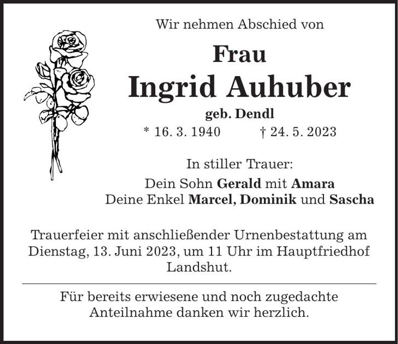 Traueranzeige Ingrid Auhuber