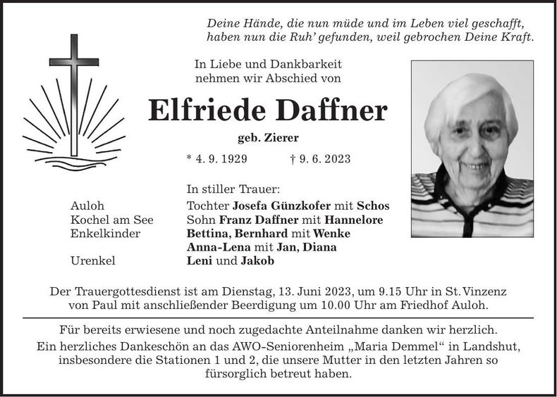 Traueranzeige Elfriede Daffner