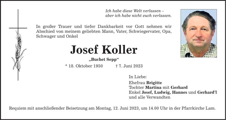 Traueranzeige Josef Koller
