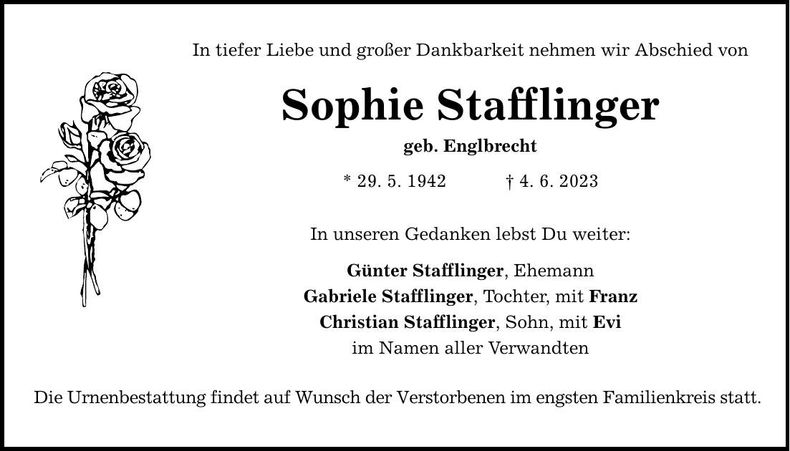 Traueranzeige Sophie Stafflinger