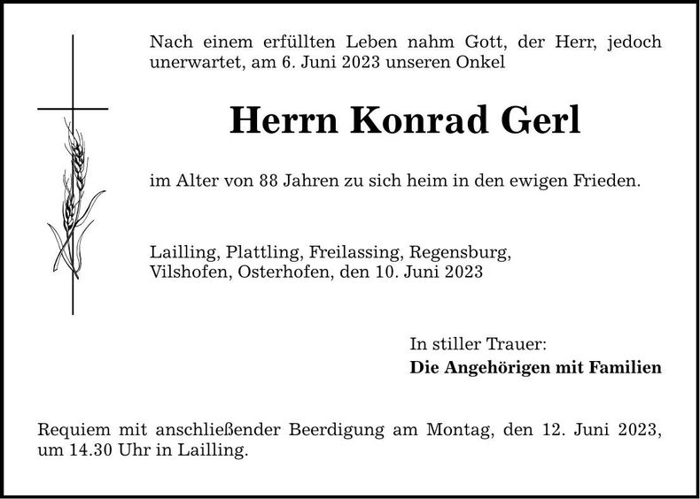 Traueranzeige Konrad Gerl
