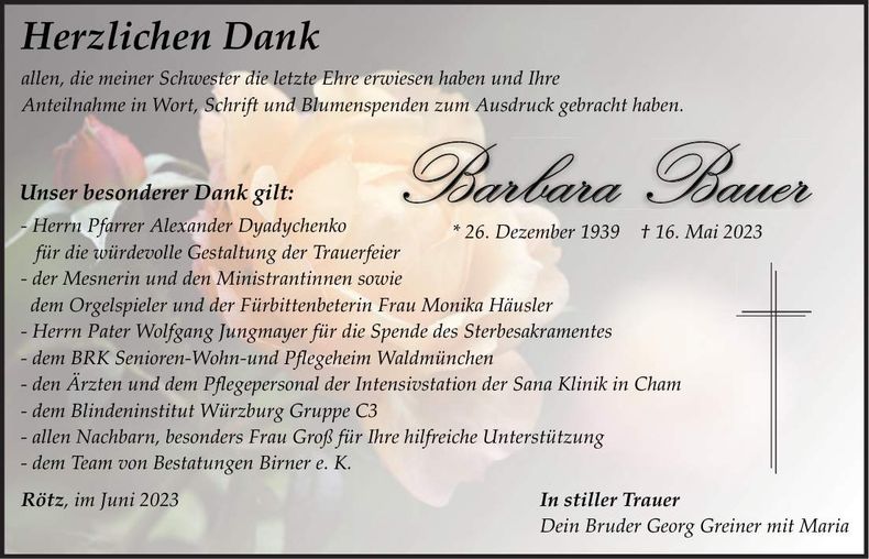 Traueranzeige Barbara Bauer