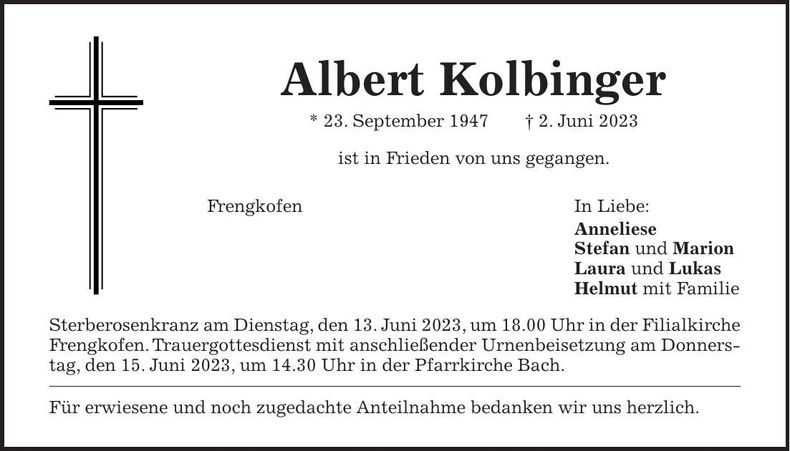 Traueranzeige Albert Kolbinger