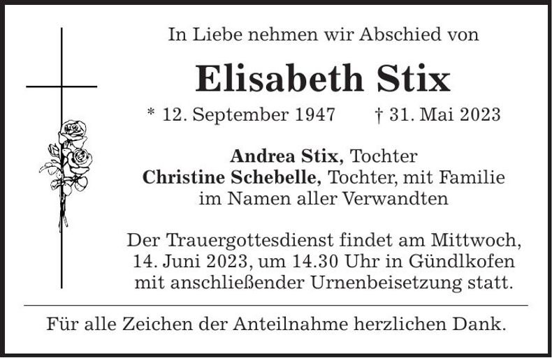 Traueranzeige Elisabeth Stix