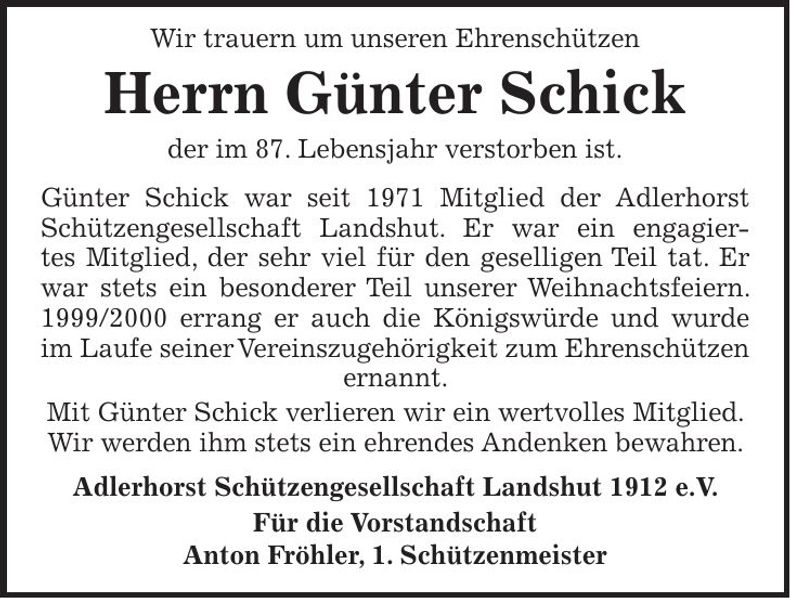 Traueranzeige Günter Schick