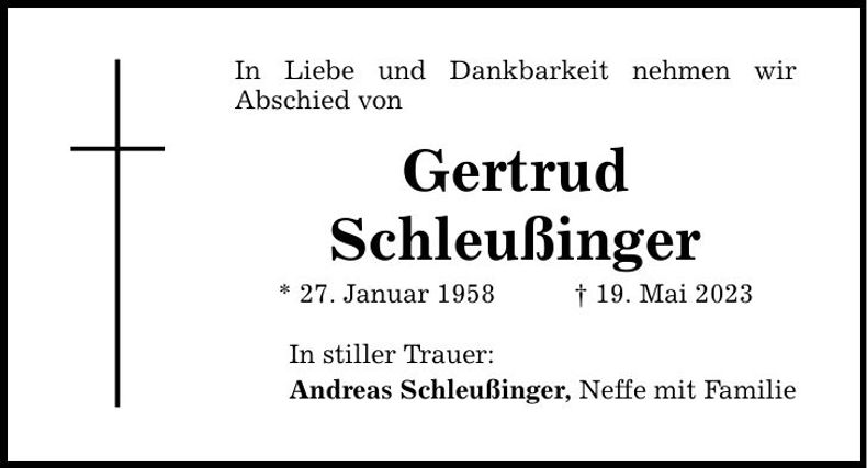 Traueranzeige Gertrud Schleußinger