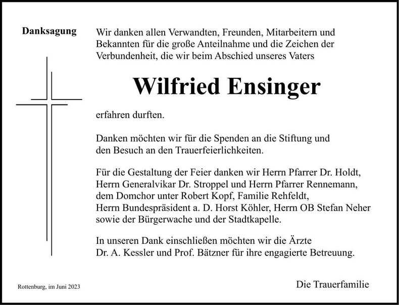 Traueranzeige Wilfried Ensinger