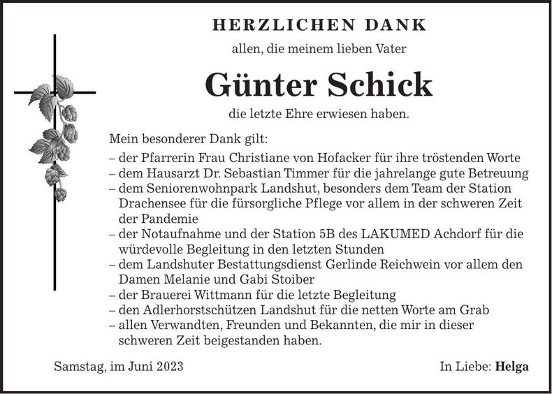 Traueranzeige Günter Schick
