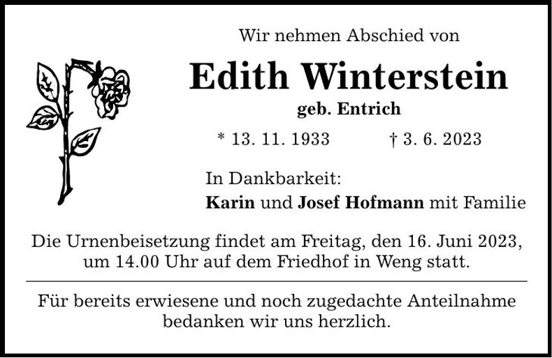 Traueranzeige Edith Winterstein