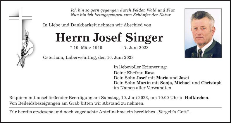 Traueranzeige Josef Singer