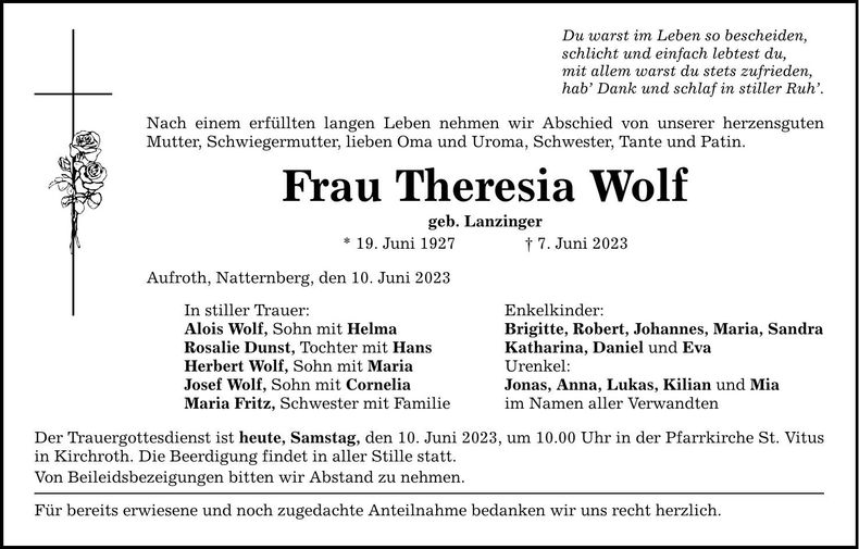 Traueranzeige Theresia Wolf