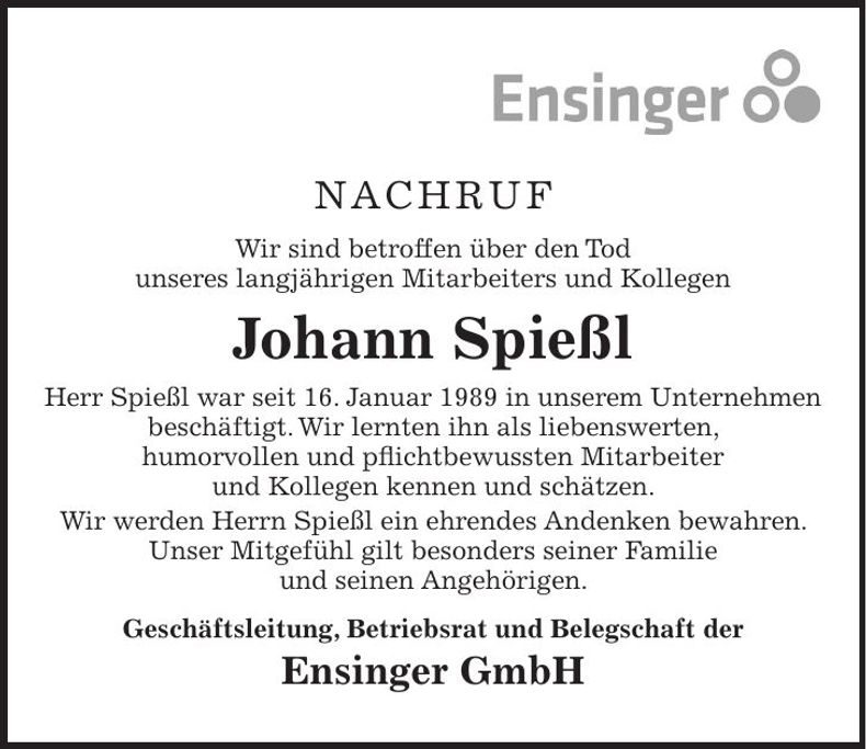 Traueranzeige Johann Spießl