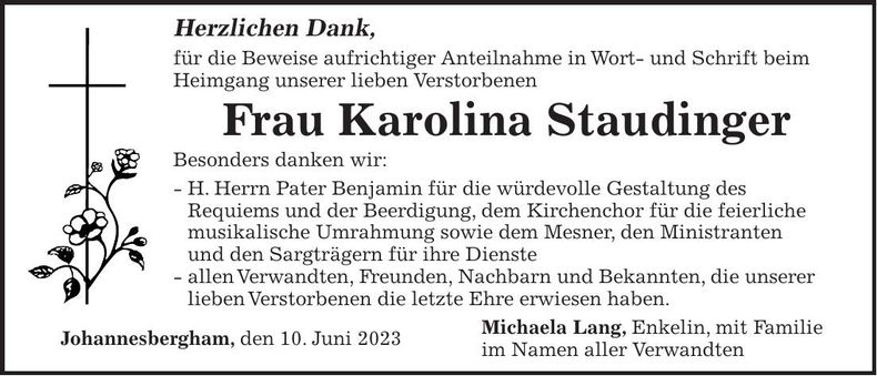 Traueranzeige Karolina Staudinger
