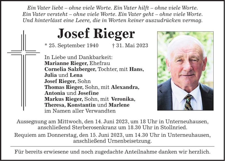 Traueranzeige Josef Rieger