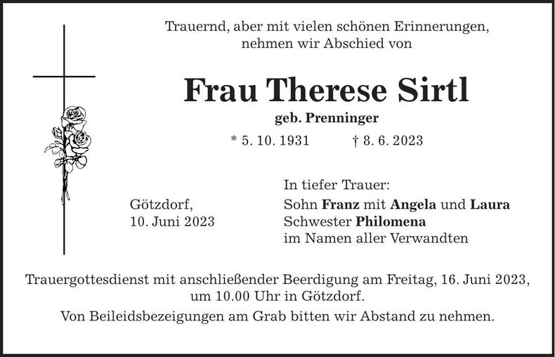Traueranzeige Therese Sirtl