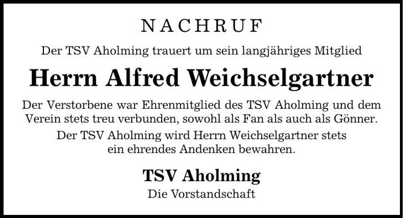 Traueranzeige Alfred Weichselgartner