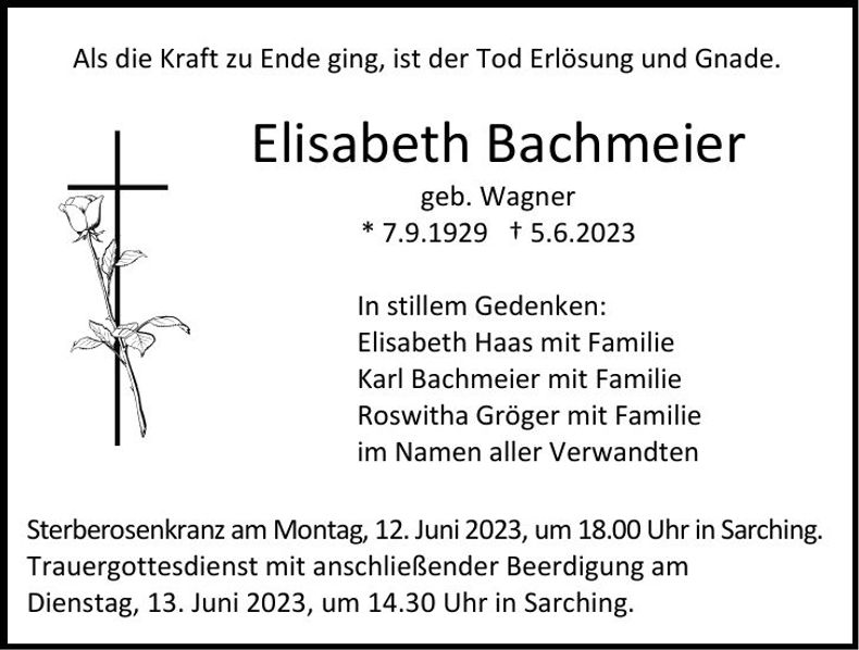 Traueranzeige Elisabeth Bachmeier