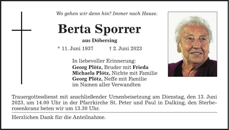 Traueranzeige Berta Sporrer