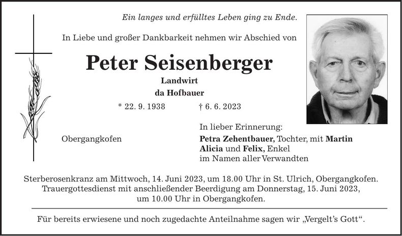 Traueranzeige Peter Seisenberger