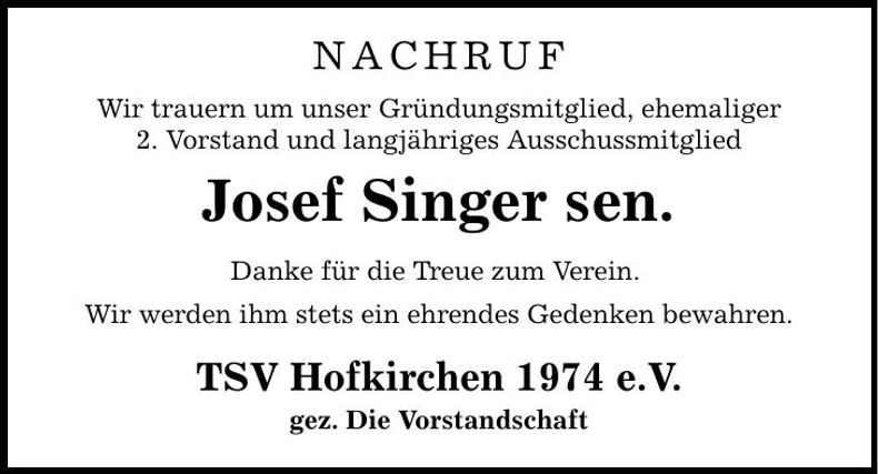 Traueranzeige Josef Singer