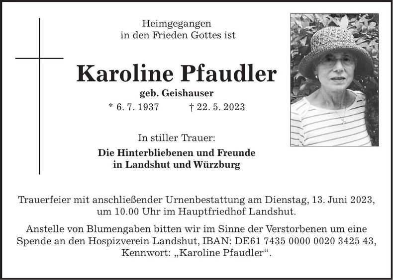 Traueranzeige Karoline Pfaudler
