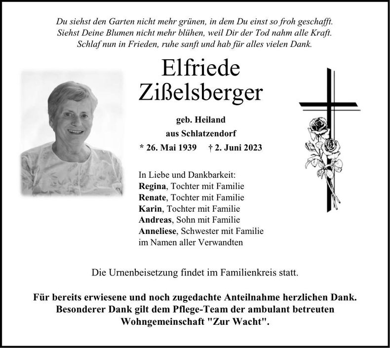 Traueranzeige Elfriede Zißelsberger
