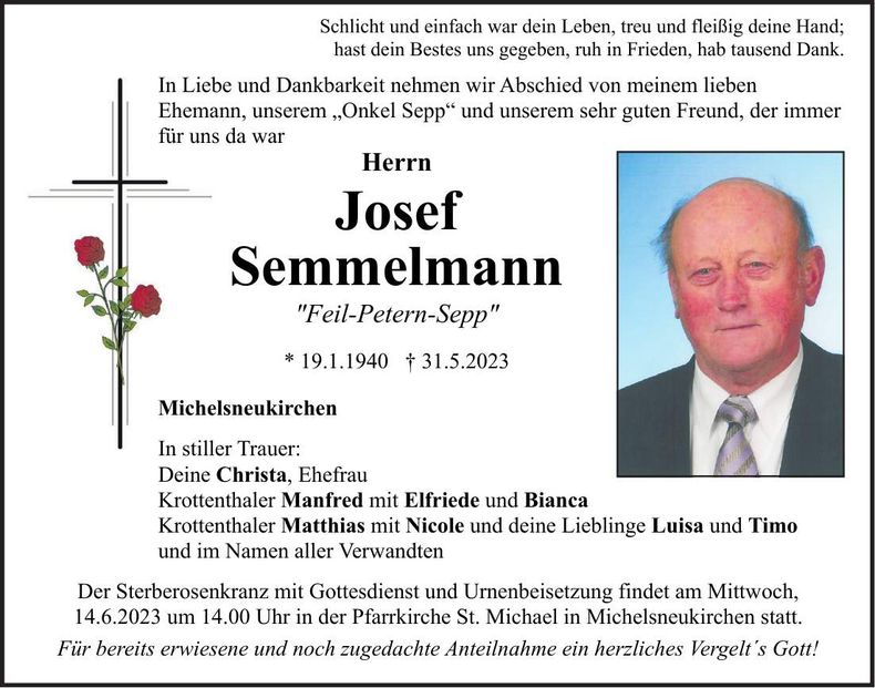 Traueranzeige Josef Semmelmann