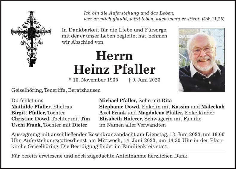 Traueranzeige Heinz Pfaller
