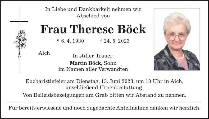 Traueranzeige Therese Böck