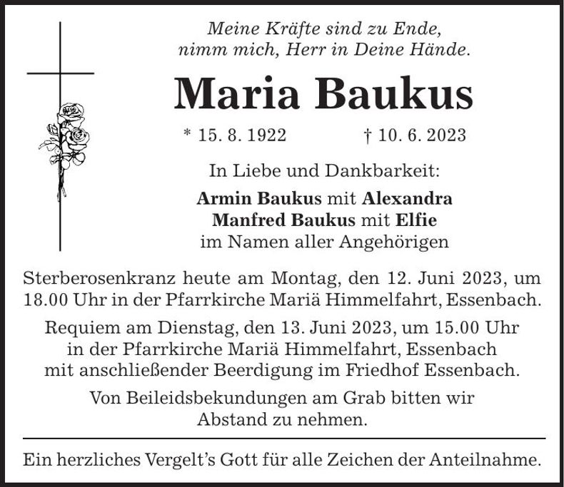 Traueranzeige Maria Baukus