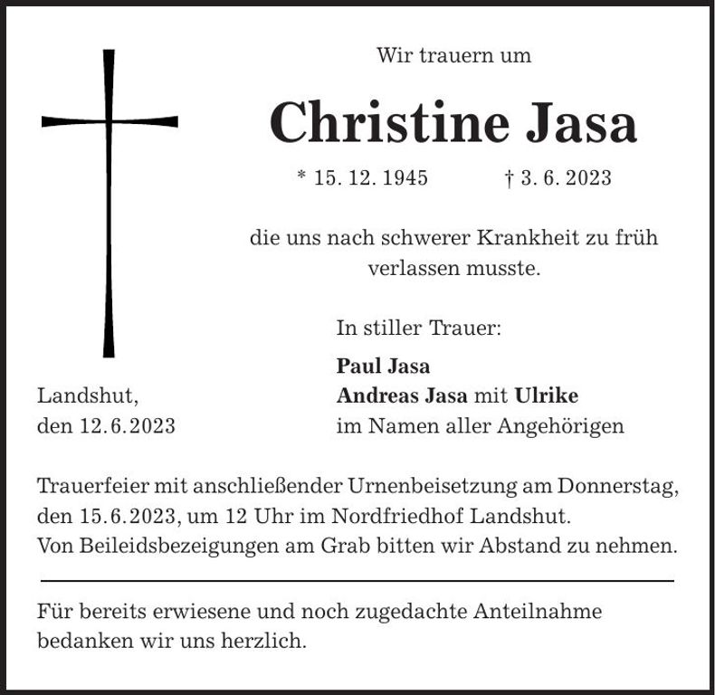 Traueranzeige Christine Jasa