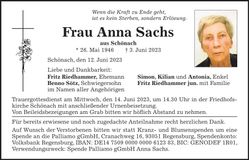 Traueranzeige Anna Sachs