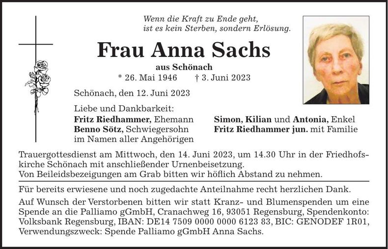 Traueranzeige Anna Sachs