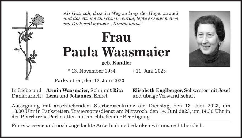 Traueranzeige Paula Waasmaier