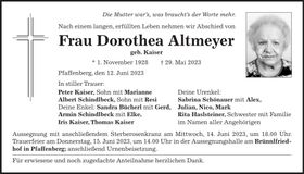 Traueranzeige Dorothea Altmeyer