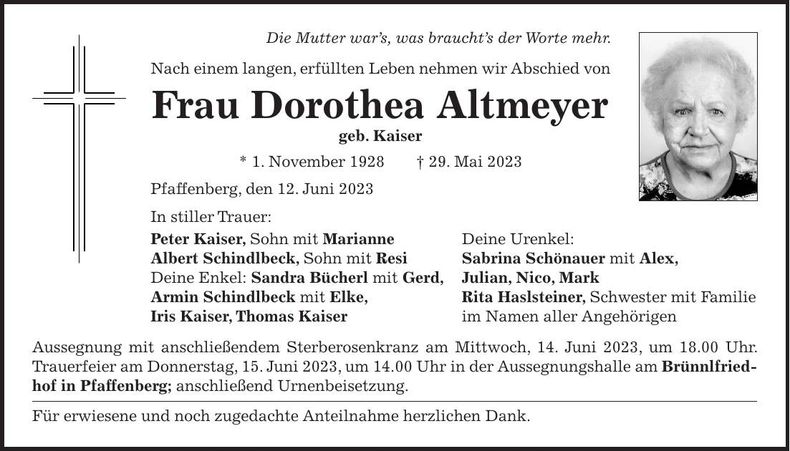 Traueranzeige Dorothea Altmeyer