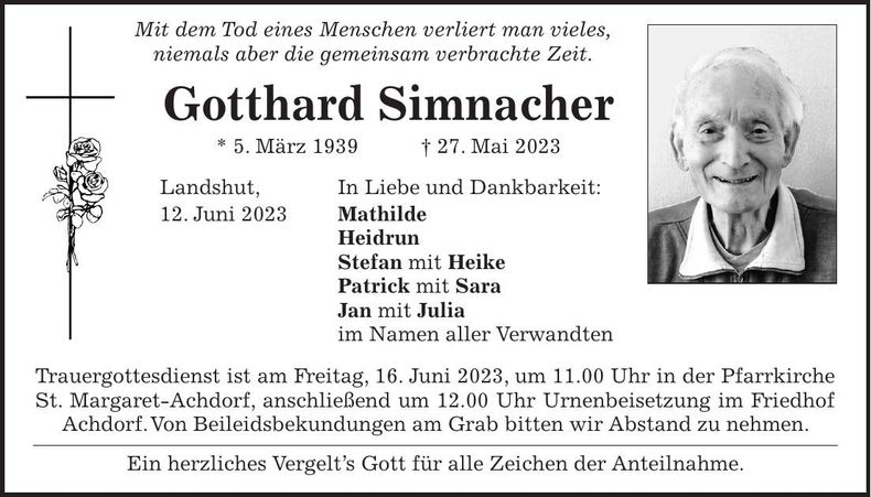 Traueranzeige Gotthard Simnacher