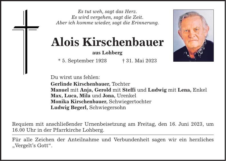 Traueranzeige Alois Kirschenbauer