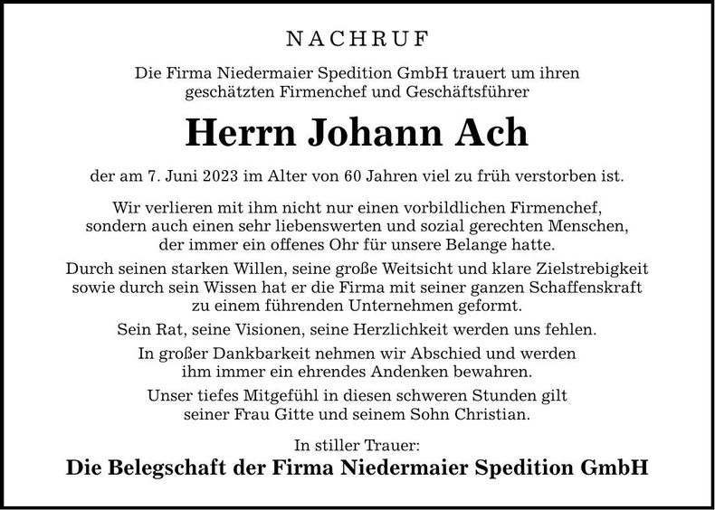 Traueranzeige Ach Johann