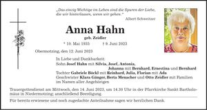 Traueranzeige Anna Hahn