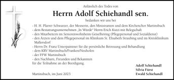 Traueranzeige Adolf Schiehandl