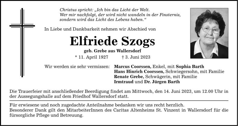 Traueranzeige Elfriede Szogs
