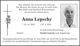 Traueranzeige Anna Lepschy