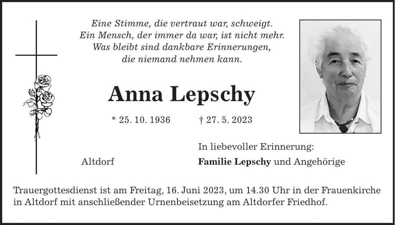 Traueranzeige Anna Lepschy