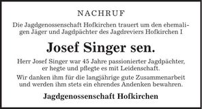 Traueranzeige Josef Singer sen.