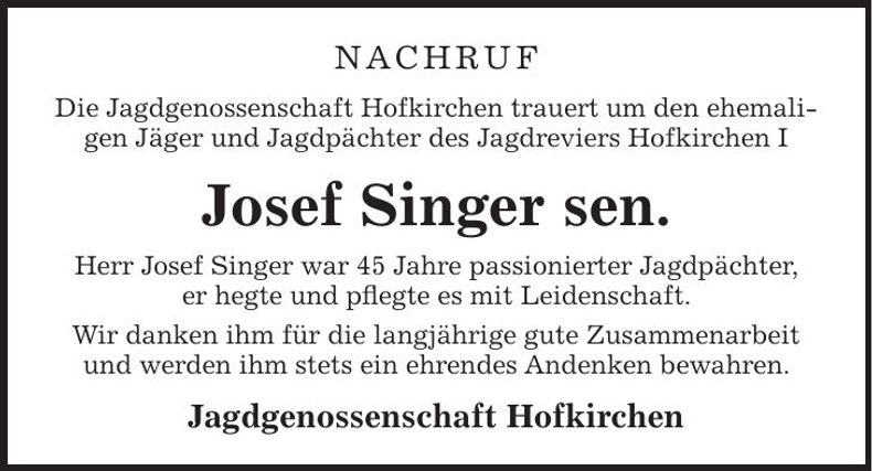 Traueranzeige Josef Singer sen.