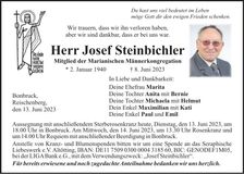 Traueranzeige Josef Steinbichler