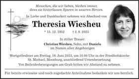 Traueranzeige Theresia Wiesheu