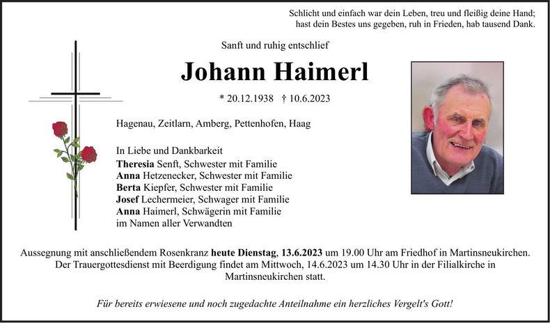 Traueranzeige Johann Haimerl